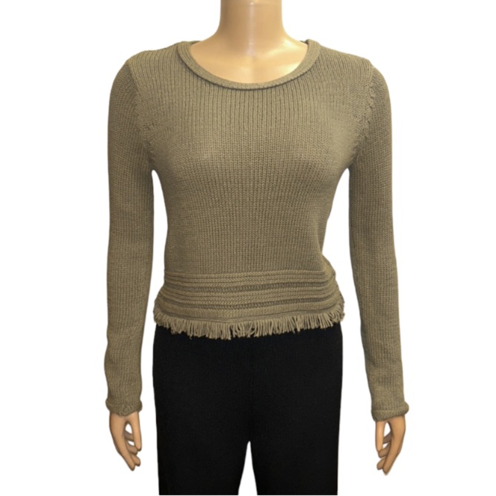 Artisan NY Cropped knit sweater fringe hem Army green rolled cuffs size XS